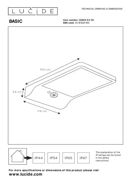 Lucide BASIC - Wandlamp - Zonne-energie - LED - 1x3W 2700K - IP44 - Beweging & dag/nacht sensor - Zwart - technisch